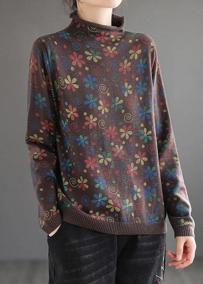 Women's Turtleneck Sweater With Khaki Print Trendy High Neck Design