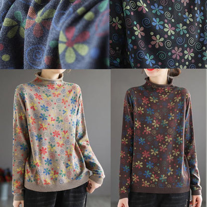 Women's Turtleneck Sweater With Khaki Print Trendy High Neck Design