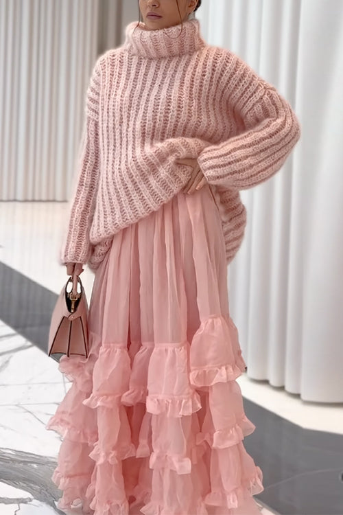 Women's Turtleneck Sweater with Lowered Shoulder and Fluffy Finish