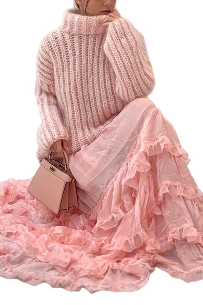 Women's Turtleneck Sweater with Lowered Shoulder and Fluffy Finish