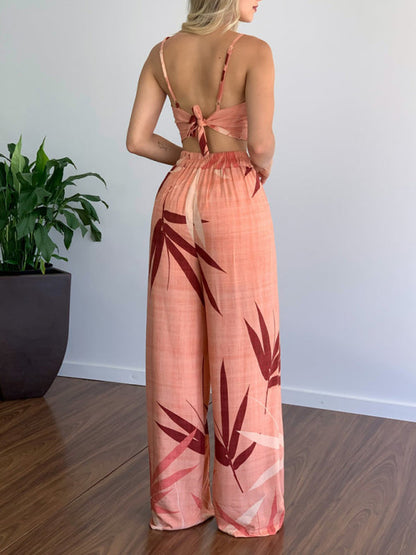 Women's Two-Piece Set V-Neck High Waist Printed Wide Trousers