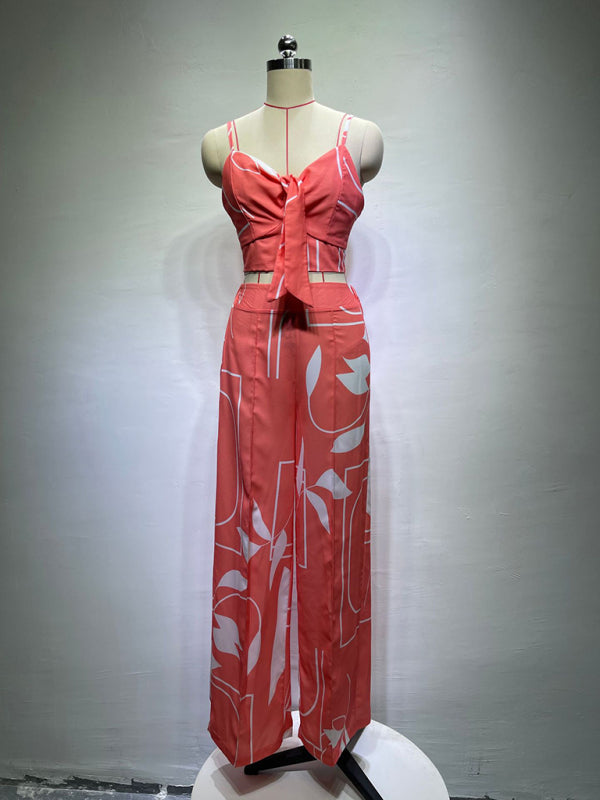 Women's Two-Piece Set V-Neck High Waist Printed Wide Trousers