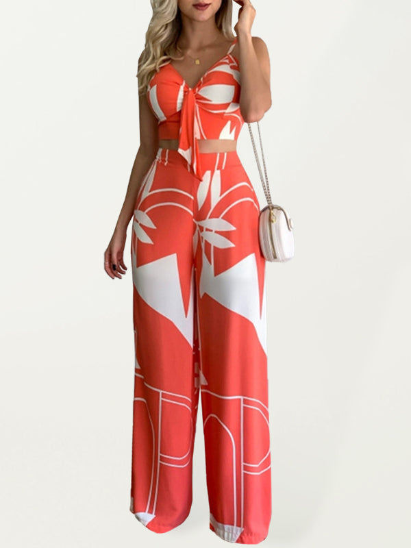 Women's Two-Piece Set V-Neck High Waist Printed Wide Trousers