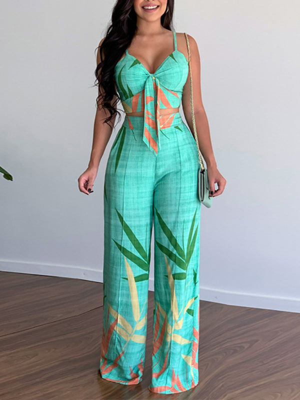 Women's Two-Piece Set V-Neck High Waist Printed Wide Trousers