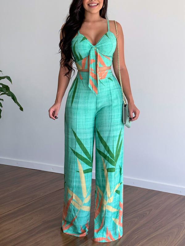 Women's Two-Piece Set V-Neck High Waist Printed Wide Trousers