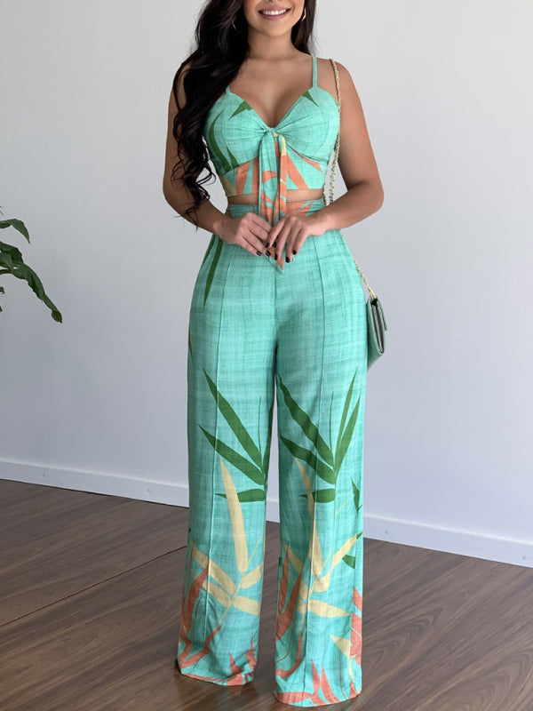 Women's Two-Piece Set V-Neck High Waist Printed Wide Trousers