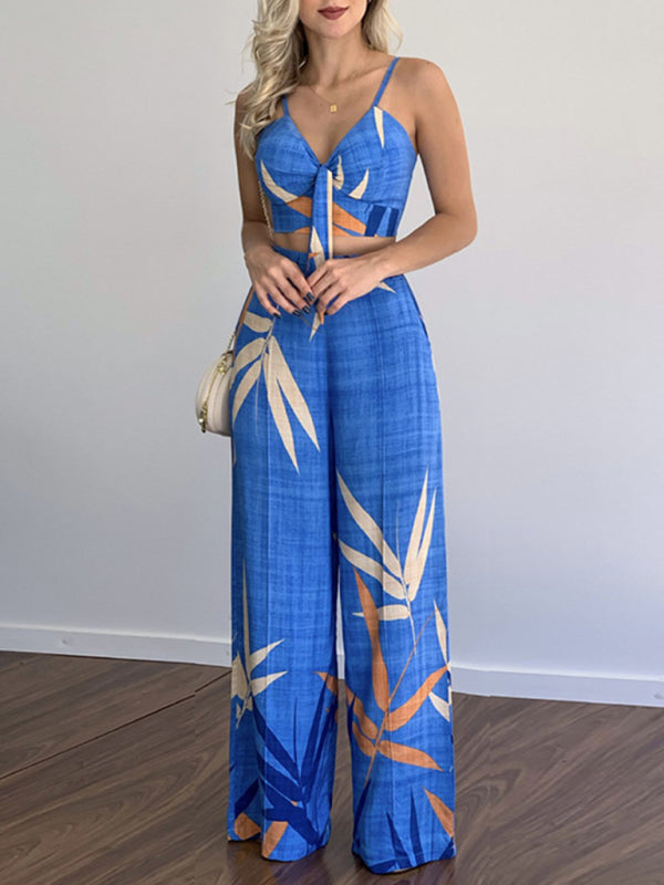 Women's Two-Piece Set V-Neck High Waist Printed Wide Trousers
