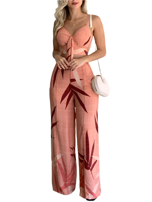 Women's Two-Piece Set V-Neck High Waist Printed Wide Trousers