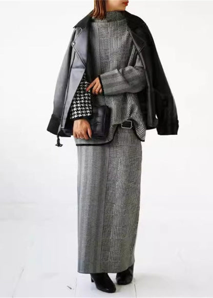 Women's Two-piece Set With Checked Knitted Sweater And Skirt