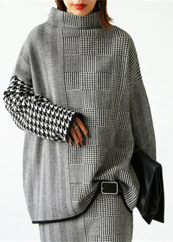 Women's Two-piece Set With Checked Knitted Sweater And Skirt