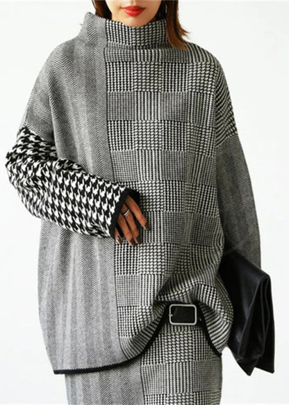 Women's Two-piece Set With Checked Knitted Sweater And Skirt