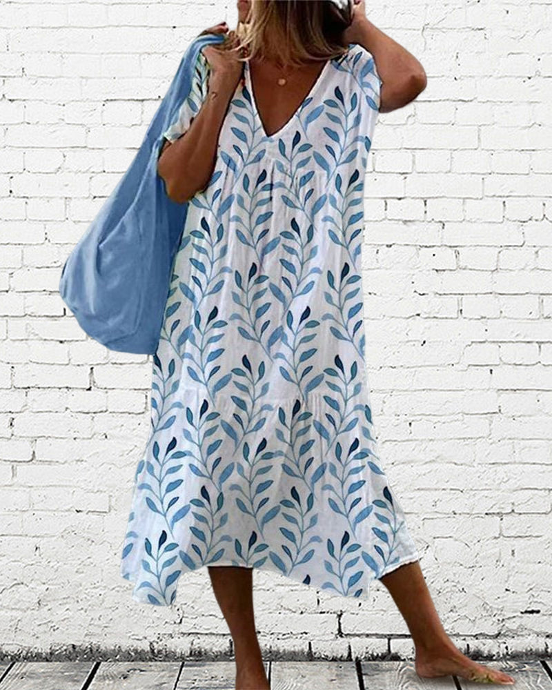 Women's V-Ausschnitt Dress with Leaf Print