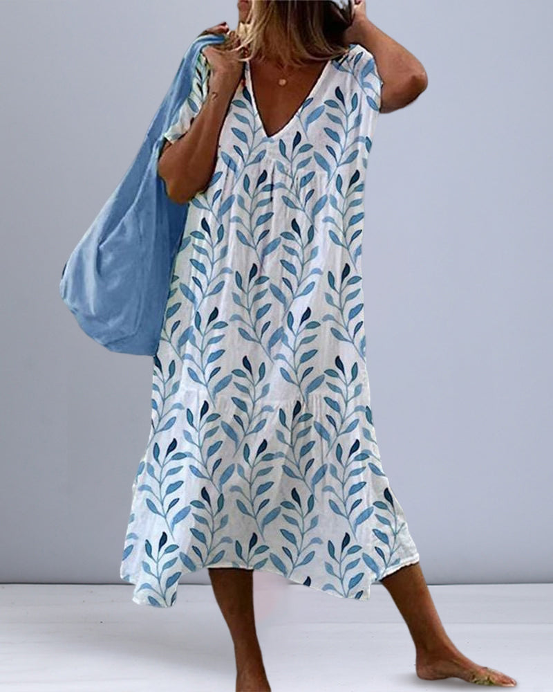 Women's V-Ausschnitt Dress with Leaf Print