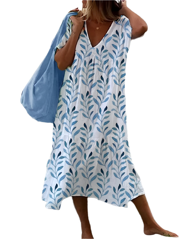 Women's V-Ausschnitt Dress with Leaf Print