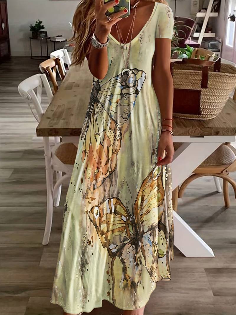 Women's V-neck Cotton Dress with Butterfly Prints for Spring and Summer