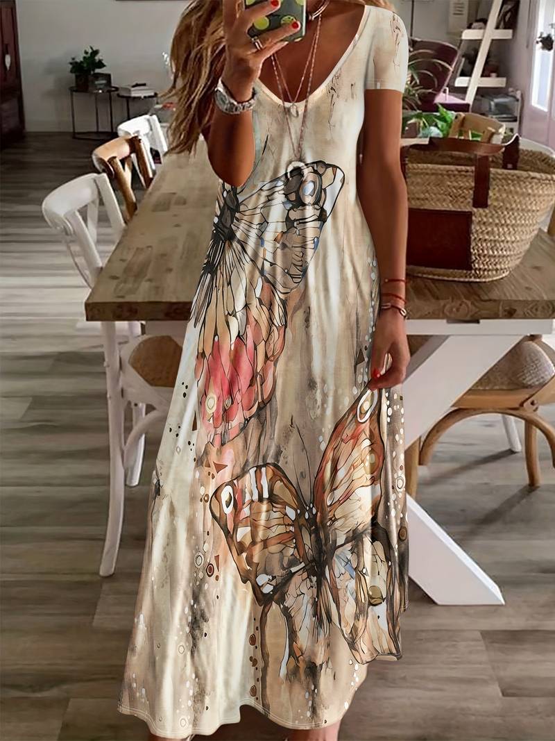 Women's V-neck Cotton Dress with Butterfly Prints for Spring and Summer