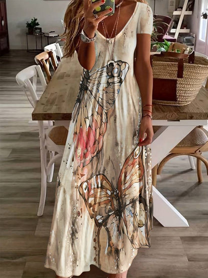 Women's V-neck Cotton Dress with Butterfly Prints for Spring and Summer