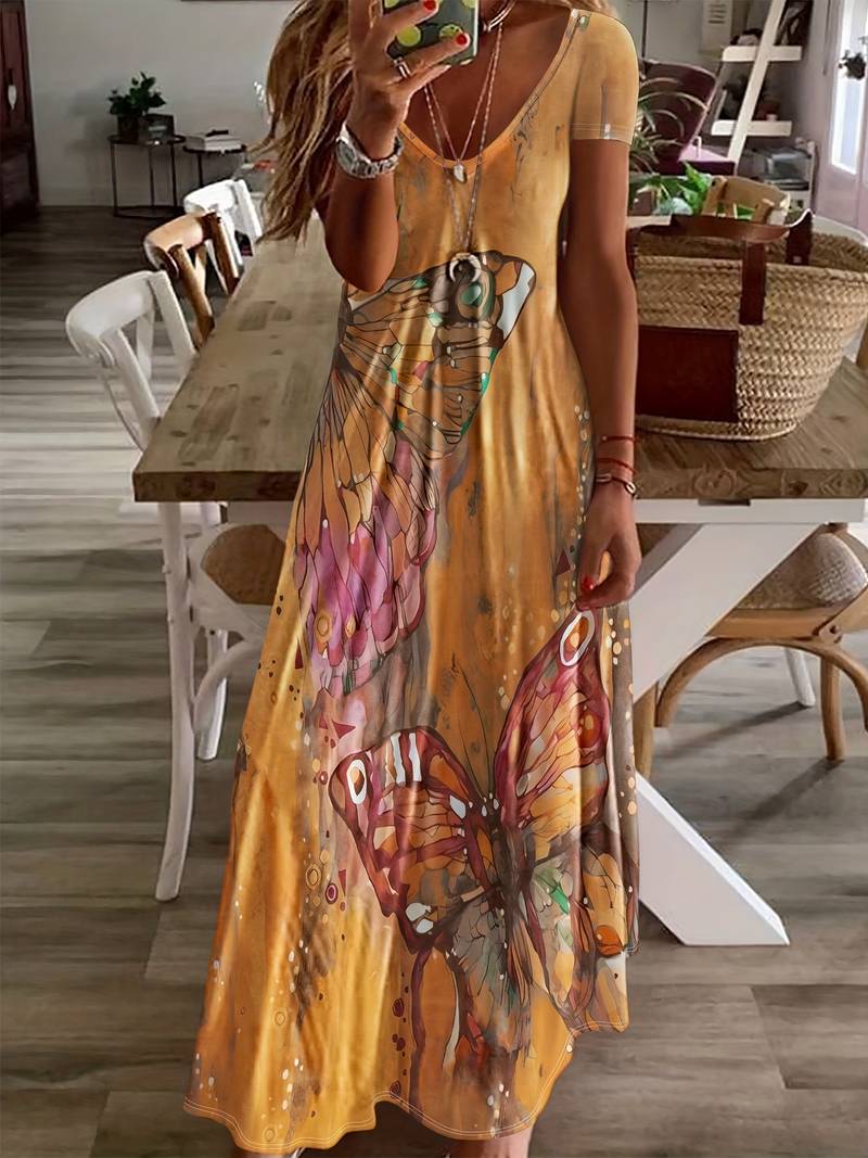 Women's V-neck Cotton Dress with Butterfly Prints for Spring and Summer