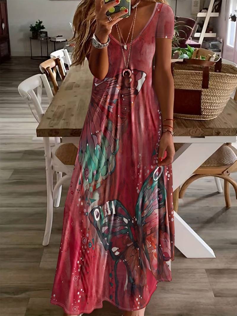 Women's V-neck Cotton Dress with Butterfly Prints for Spring and Summer