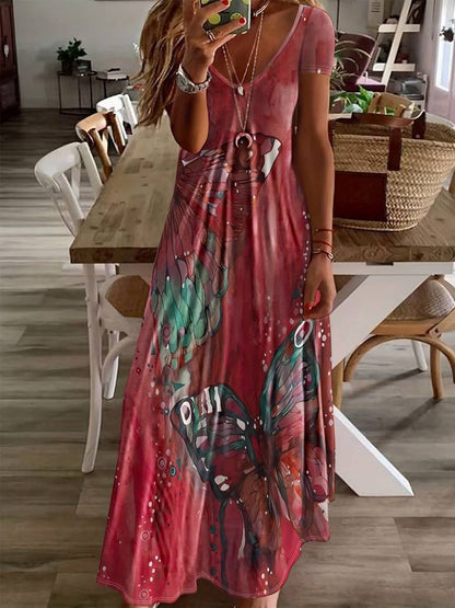 Women's V-neck Cotton Dress with Butterfly Prints for Spring and Summer