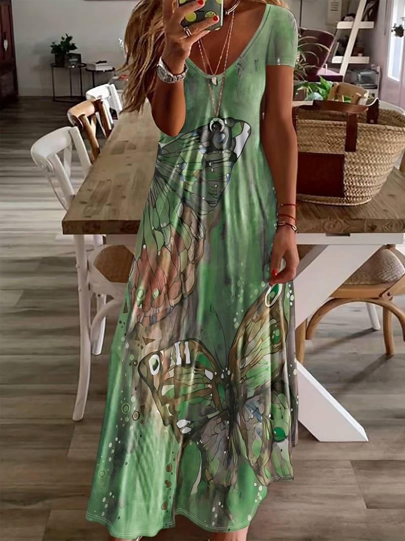 Women's V-neck Cotton Dress with Butterfly Prints for Spring and Summer