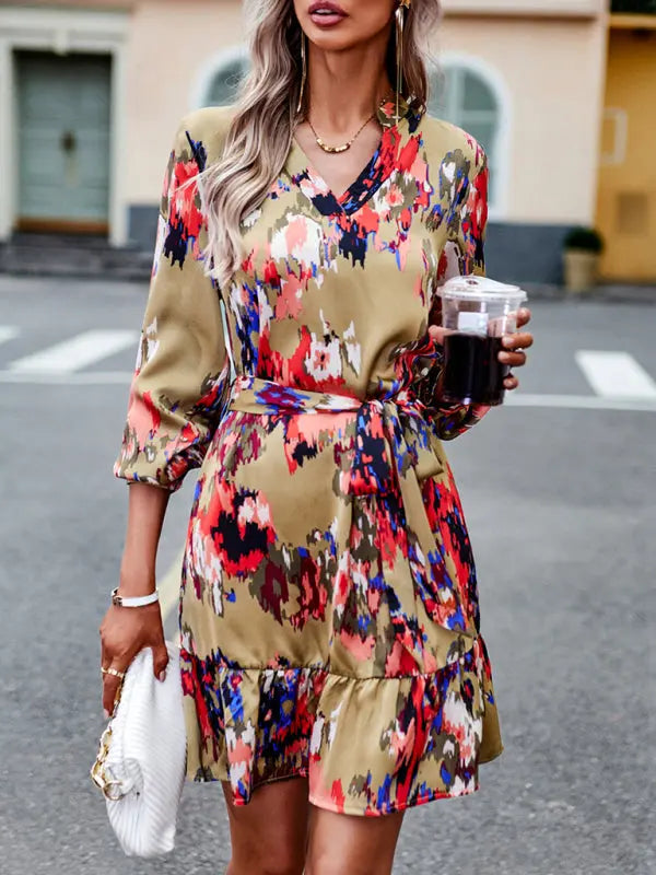 Women's V-neck Long Dress Printed Waistband Summer Clothing
