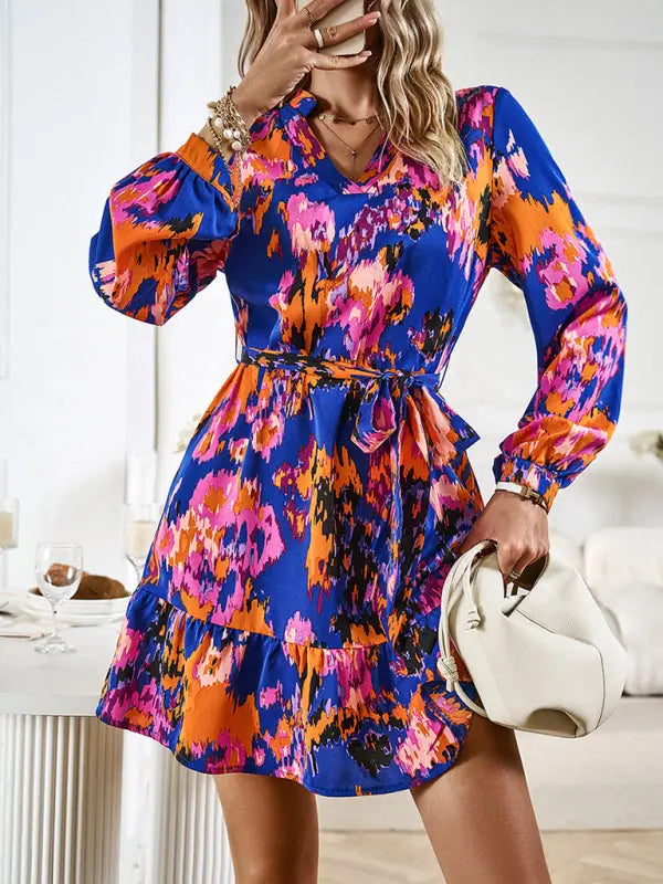 Women's V-neck Long Dress Printed Waistband Summer Clothing