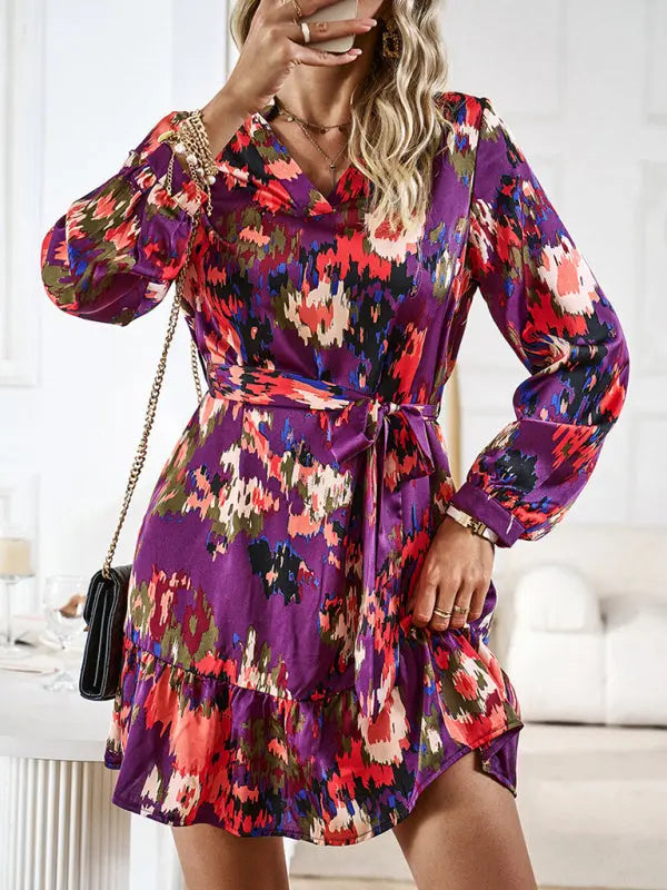 Women's V-neck Long Dress Printed Waistband Summer Clothing