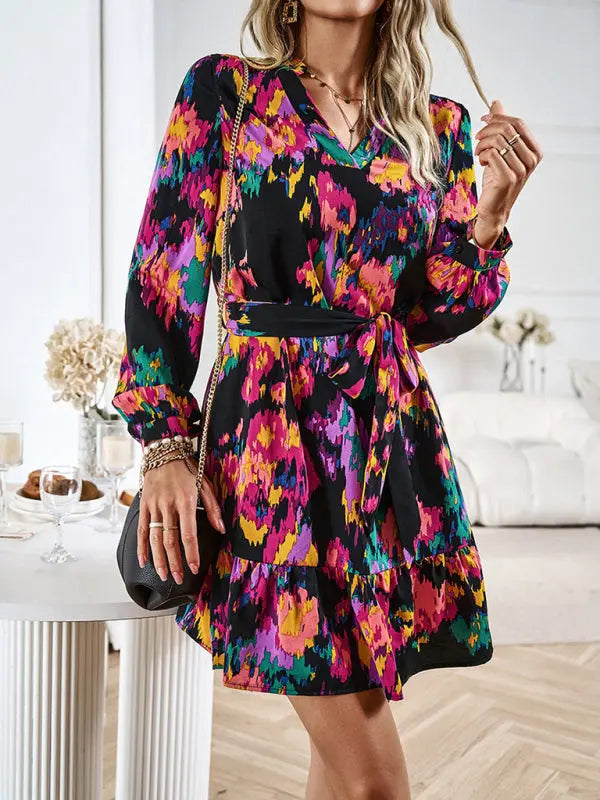 Women's V-neck Long Dress Printed Waistband Summer Clothing