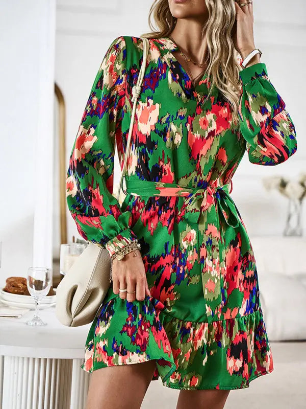 Women's V-neck Long Dress Printed Waistband Summer Clothing