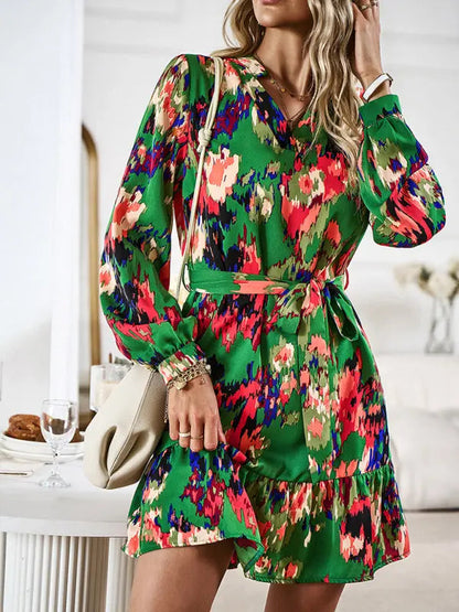 Women's V-neck Long Dress Printed Waistband Summer Clothing