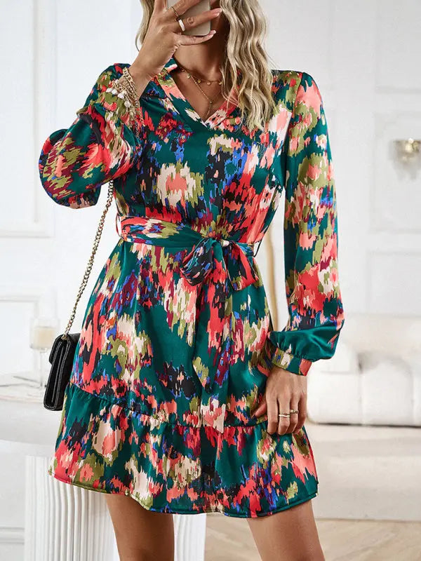 Women's V-neck Long Dress Printed Waistband Summer Clothing