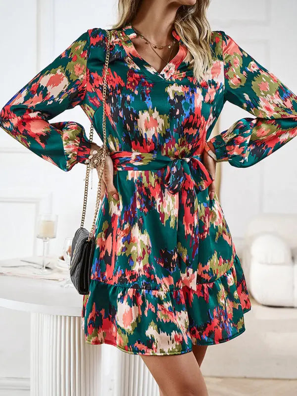 Women's V-neck Long Dress Printed Waistband Summer Clothing