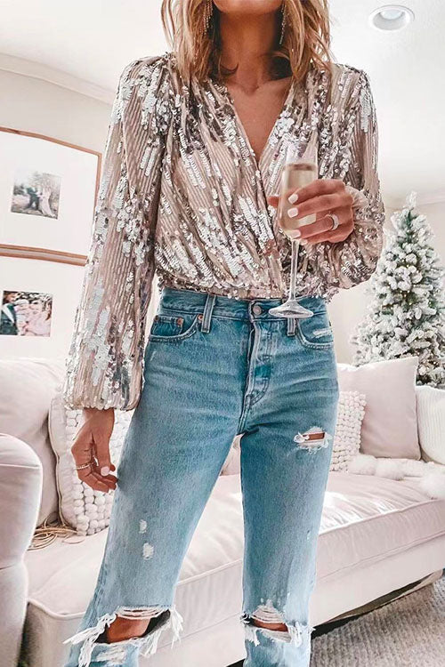 Women's V-neck top with sequins