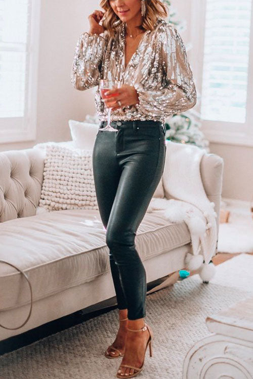 Women's V-neck top with sequins