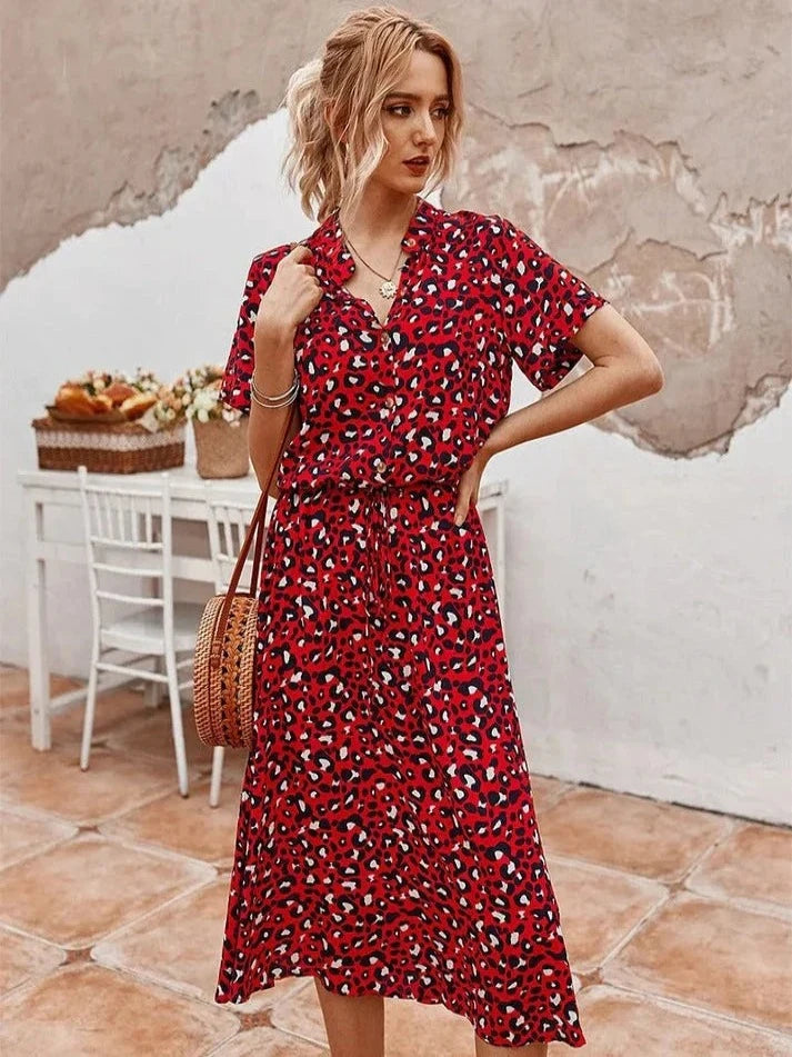 Women's Vintage Summer Dress With Mid Sleeves and Leopard Print
