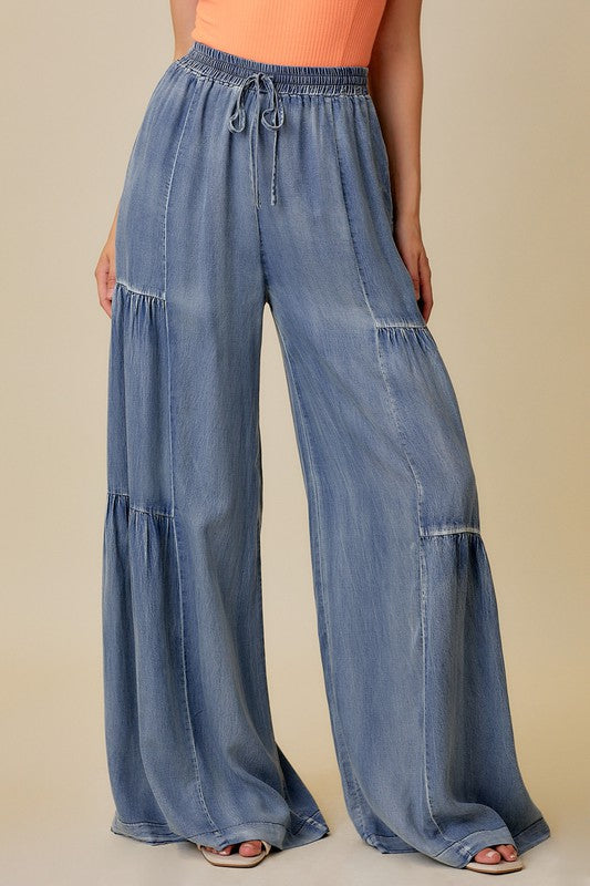 Women's Wide Trousers Ruffle Denim Casual Leg