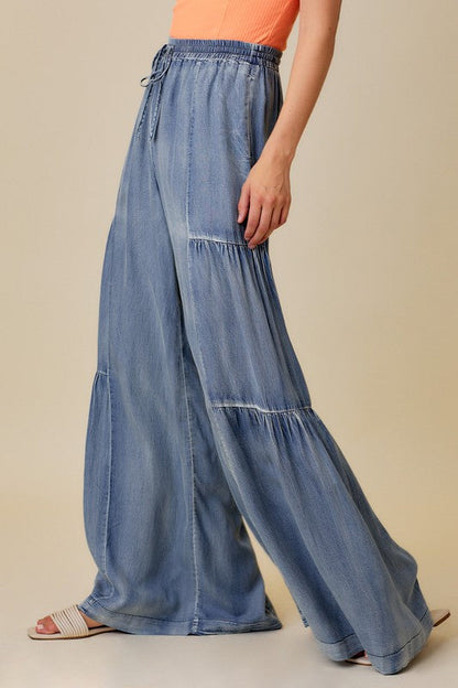 Women's Wide Trousers Ruffle Denim Casual Leg