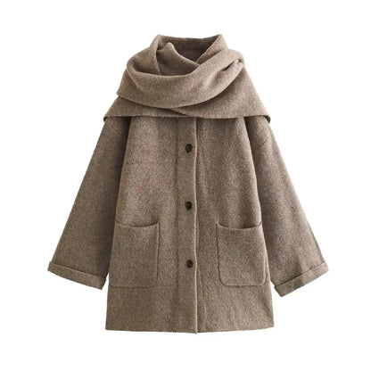 Women's Winter Jacket with Integrated Scarf for Cold Days