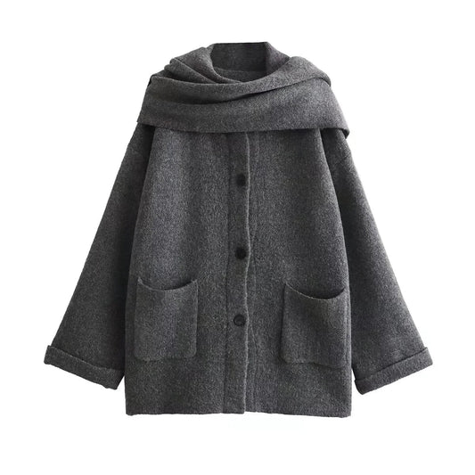 Women's Winter Jacket with Integrated Scarf for Cold Days