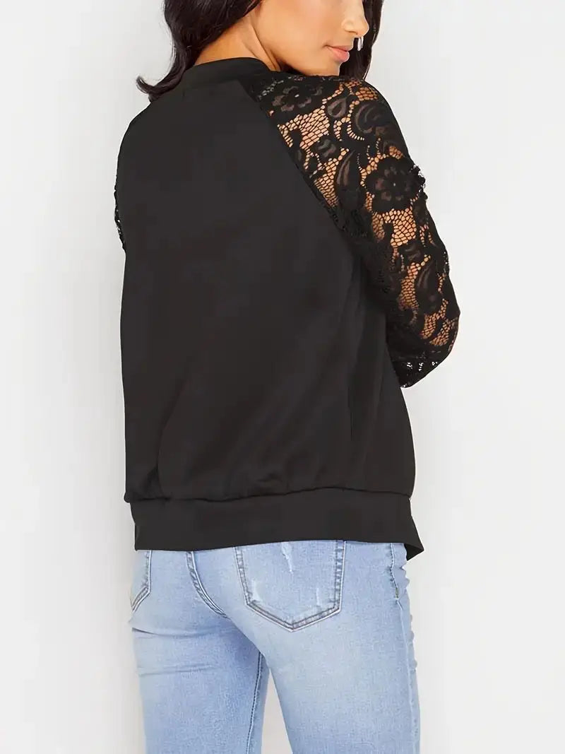 Women's Zip-Up Cardigan with Lace Sleeves