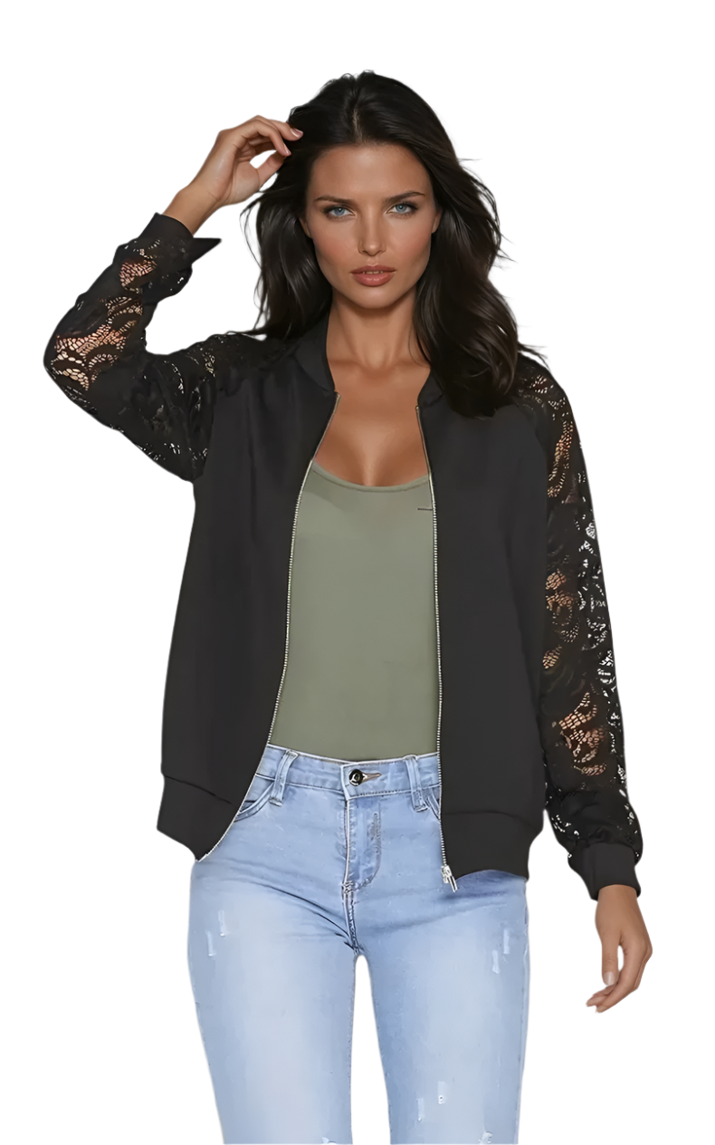 Women's Zip-Up Cardigan with Lace Sleeves