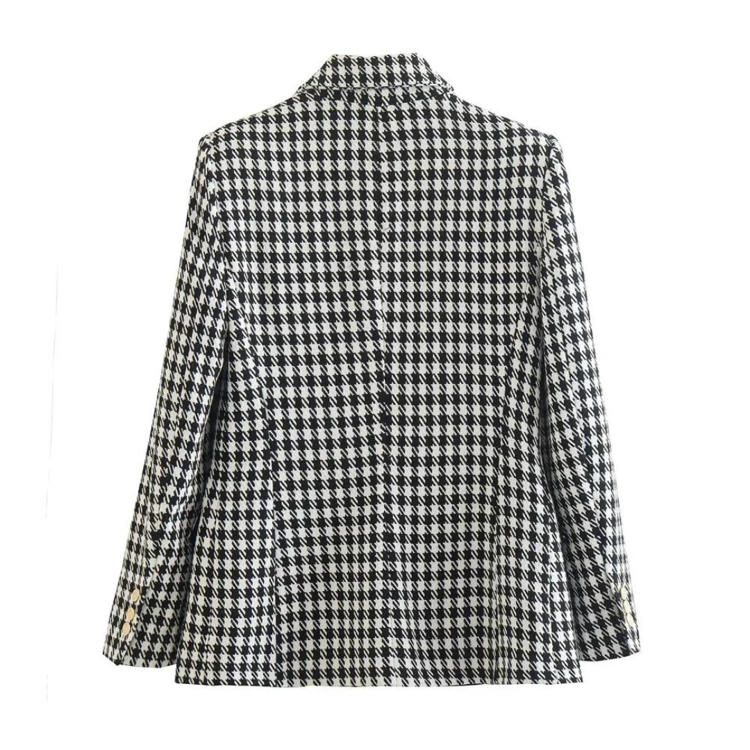Women's double-row buttoned pied-de-poule blazer
