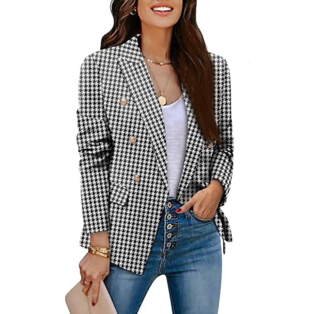 Women's double-row buttoned pied-de-poule blazer