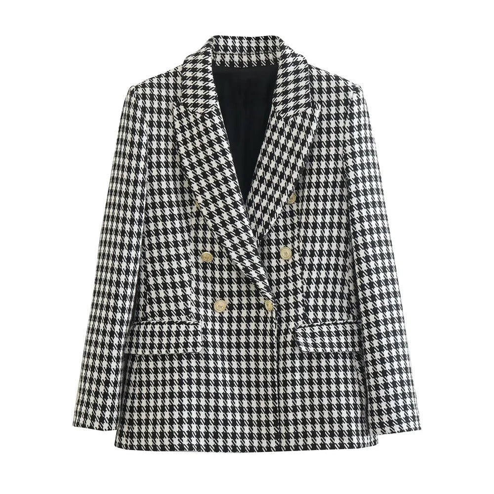 Women's double-row buttoned pied-de-poule blazer