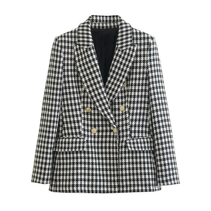 Women's double-row buttoned pied-de-poule blazer