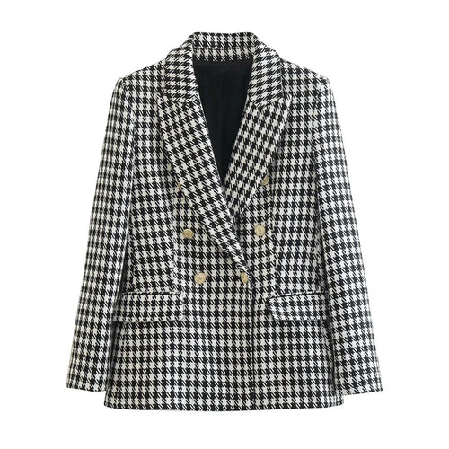 Women's double-row buttoned pied-de-poule blazer