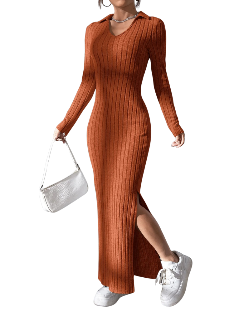 Women's full-sleeved knitted dress with V-neckline