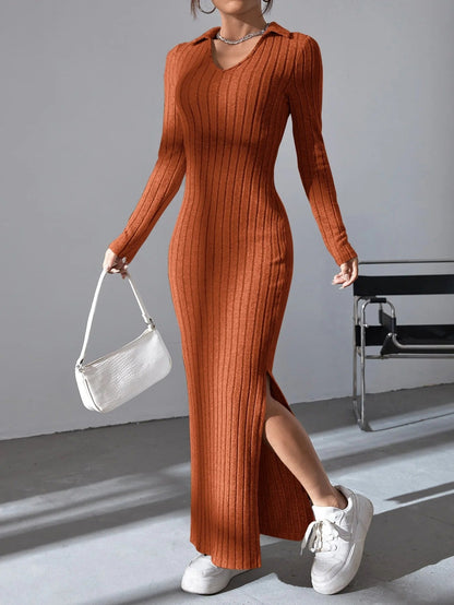 Women's full-sleeved knitted dress with V-neckline