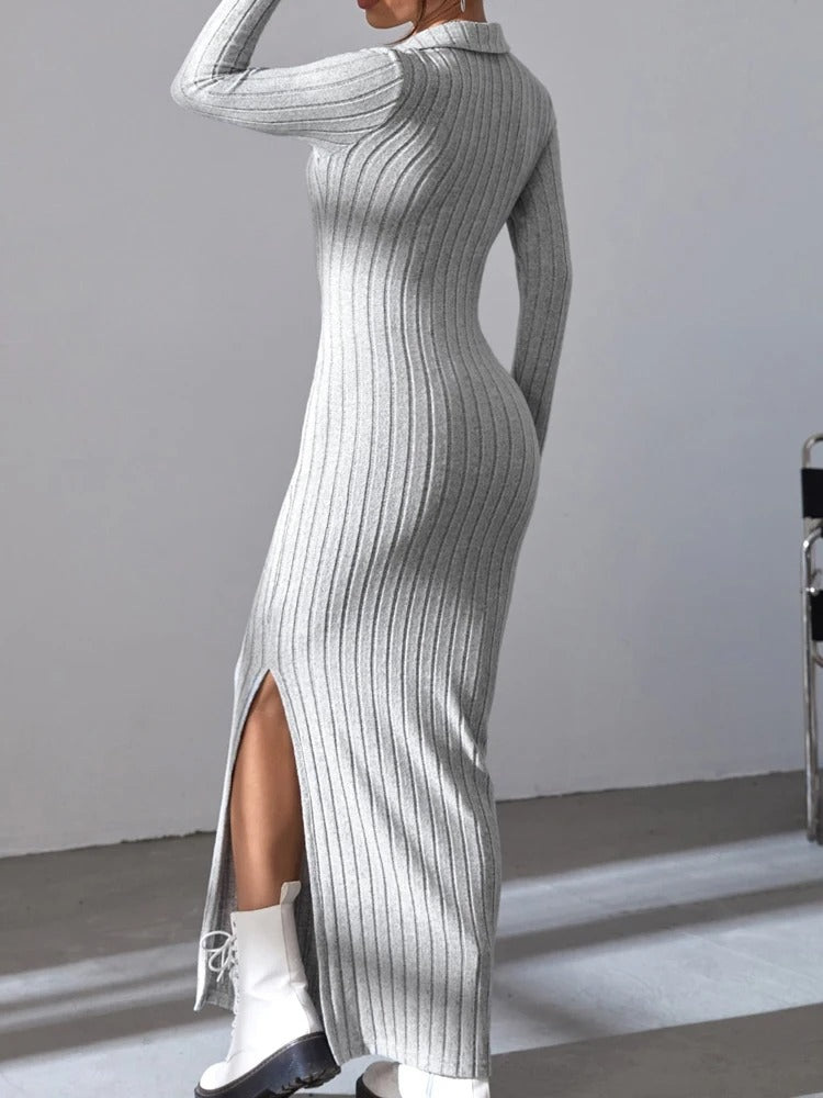 Women's full-sleeved knitted dress with V-neckline
